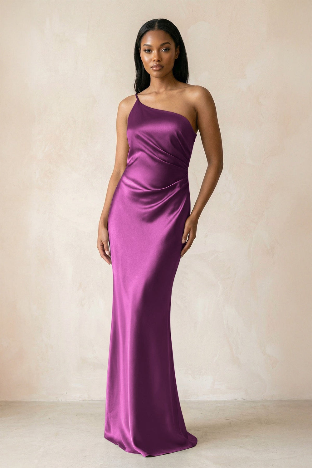 One-Shoulder Sheath Ruched Bridesmaid Dress in Fig