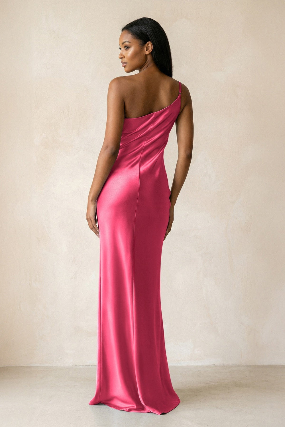 One-Shoulder Sheath Ruched Bridesmaid Dress in Fuchsia