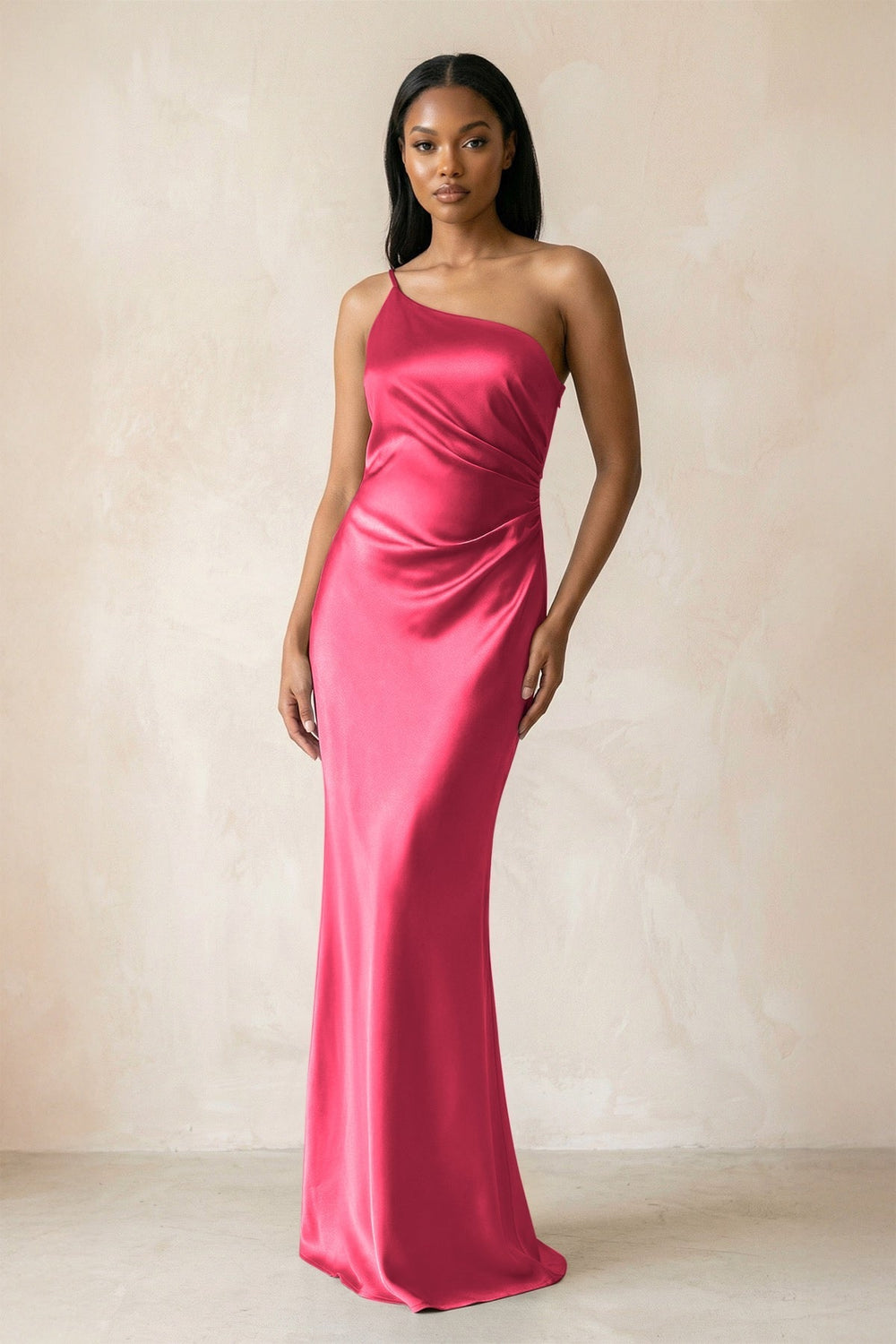 One-Shoulder Sheath Ruched Bridesmaid Dress in Fuchsia