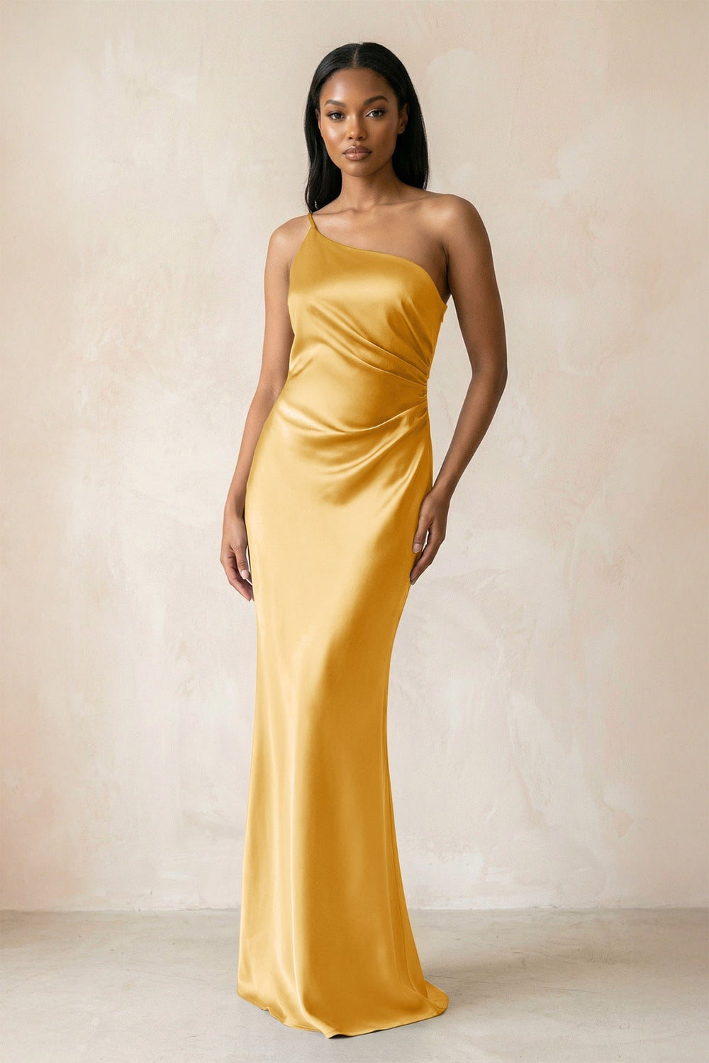 One-Shoulder Sheath Ruched Bridesmaid Dress in Gold