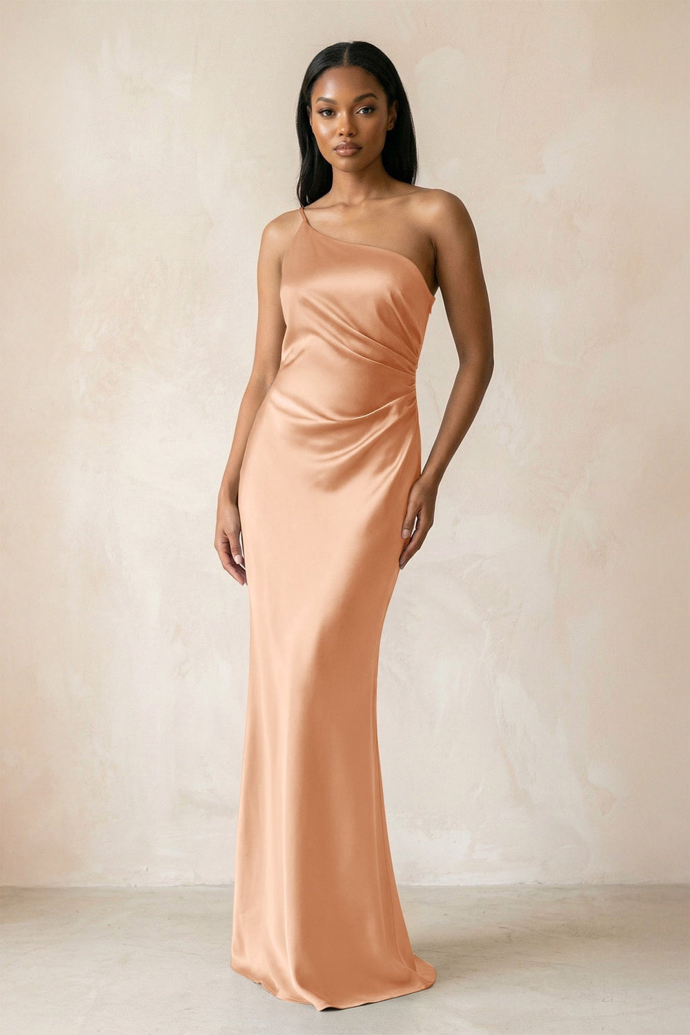 One-Shoulder Sheath Ruched Bridesmaid Dress in Golden Champagne