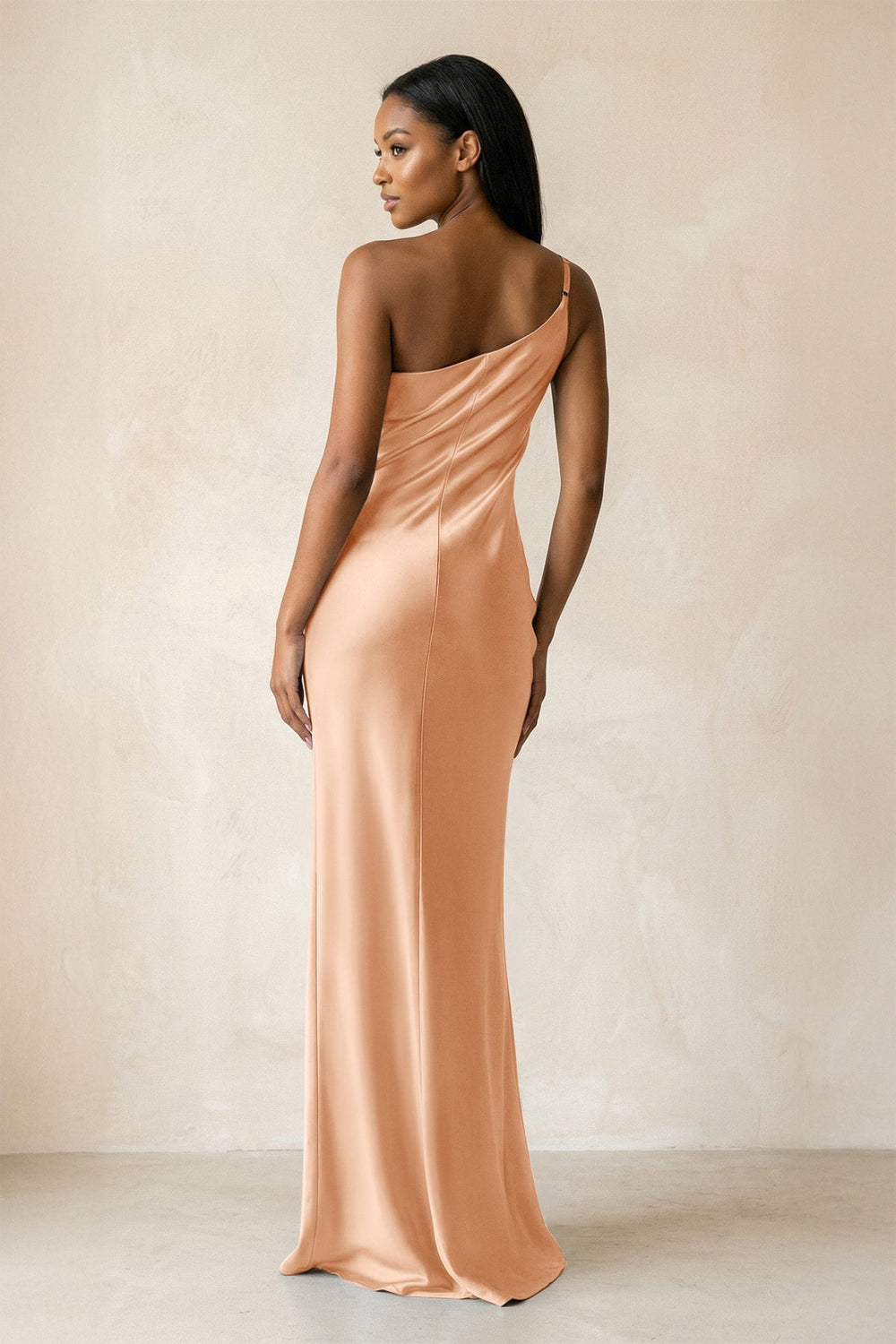 One-Shoulder Sheath Ruched Bridesmaid Dress in Golden Champagne