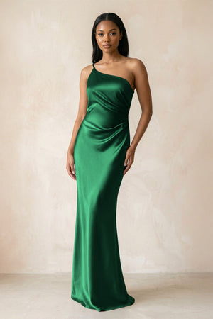 One - Shoulder Sheath Ruched Bridesmaid Dress in Green - KISS BRIDAL Bridesmaid Dresses