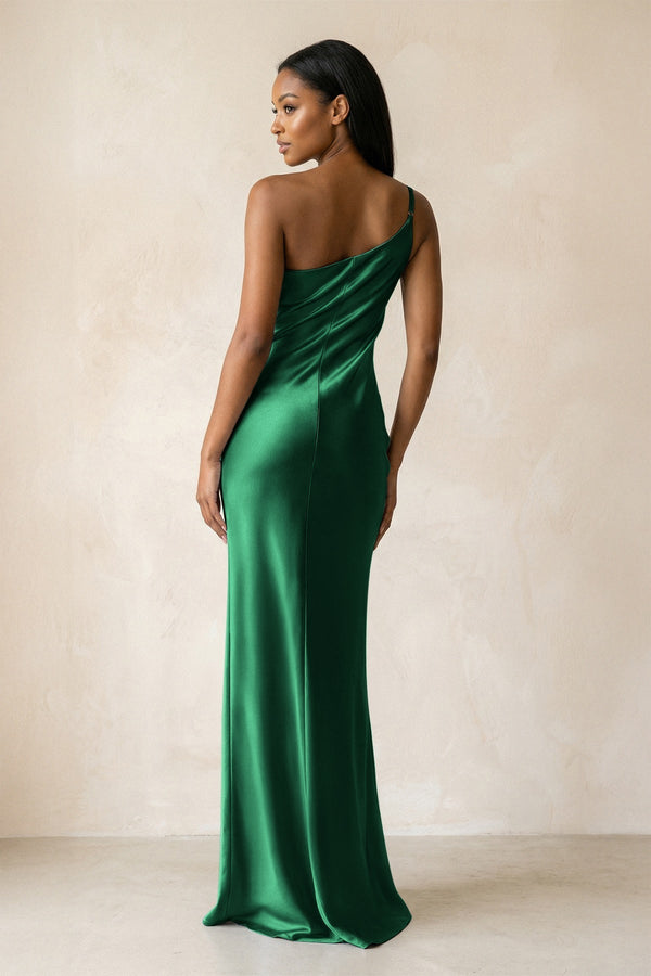 One - Shoulder Sheath Ruched Bridesmaid Dress in Green - KISS BRIDAL Bridesmaid Dresses