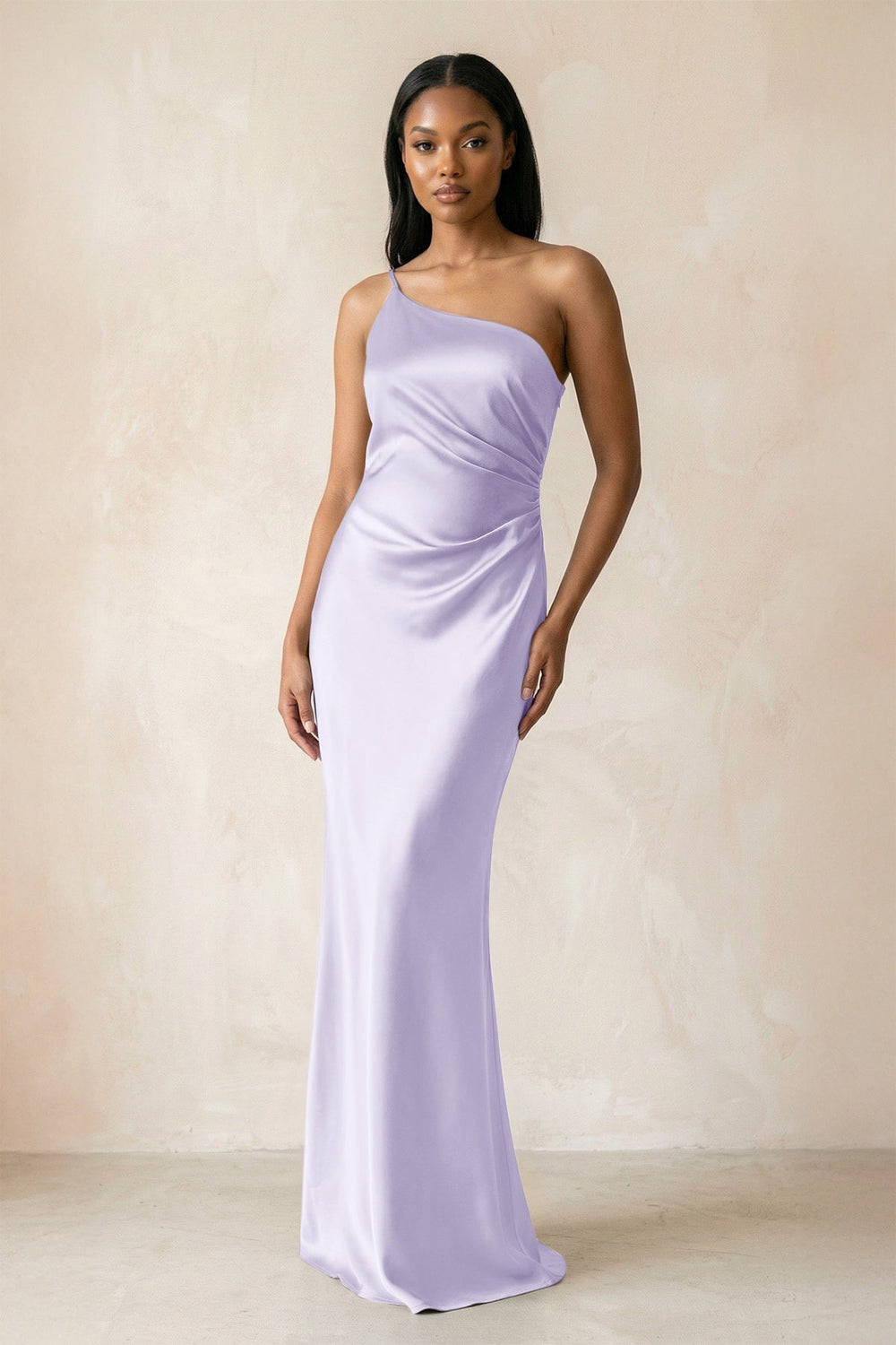 One-Shoulder Sheath Ruched Bridesmaid Dress in Lavender