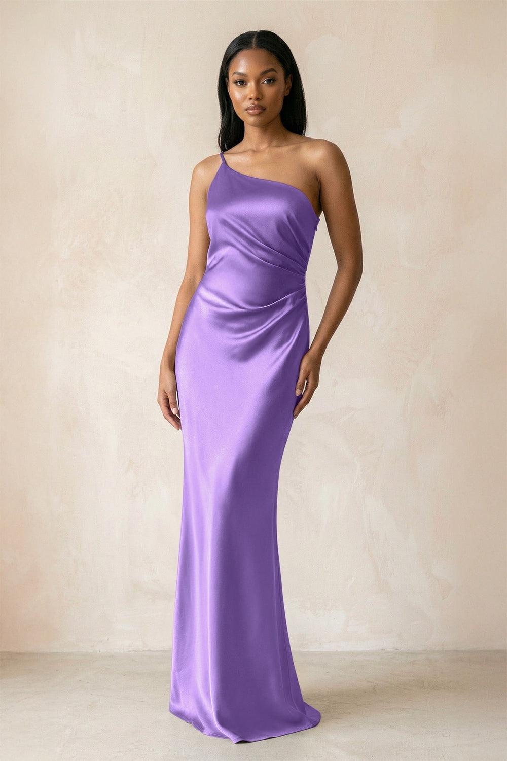 One-Shoulder Sheath Ruched Bridesmaid Dress in Lilac