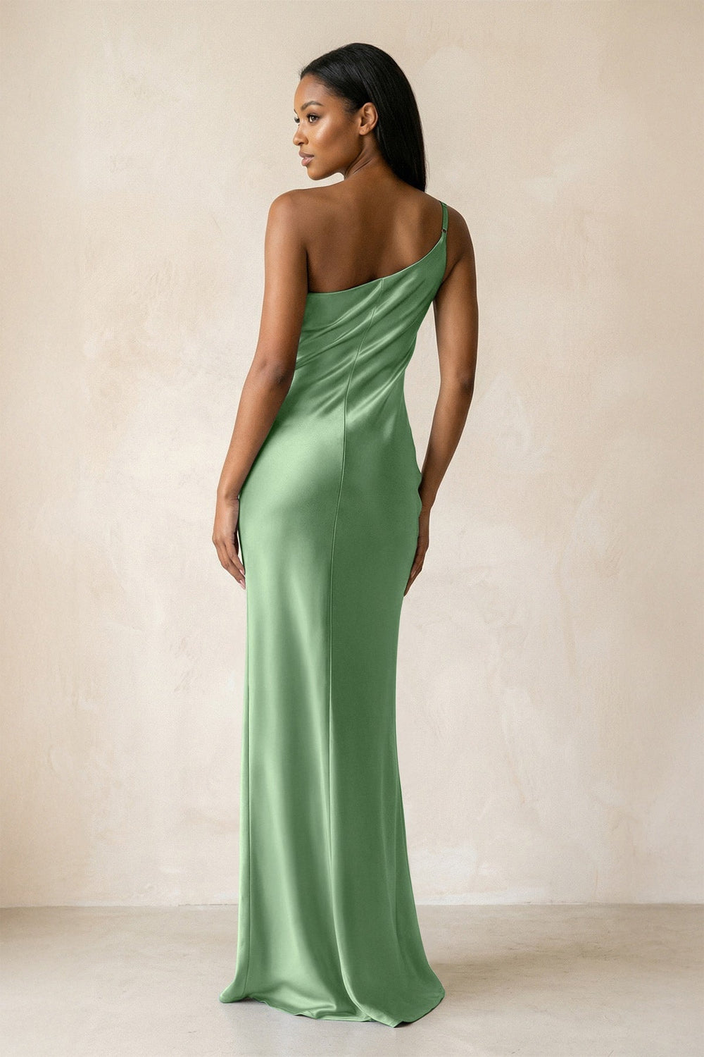 One-Shoulder Sheath Ruched Bridesmaid Dress in Matcha