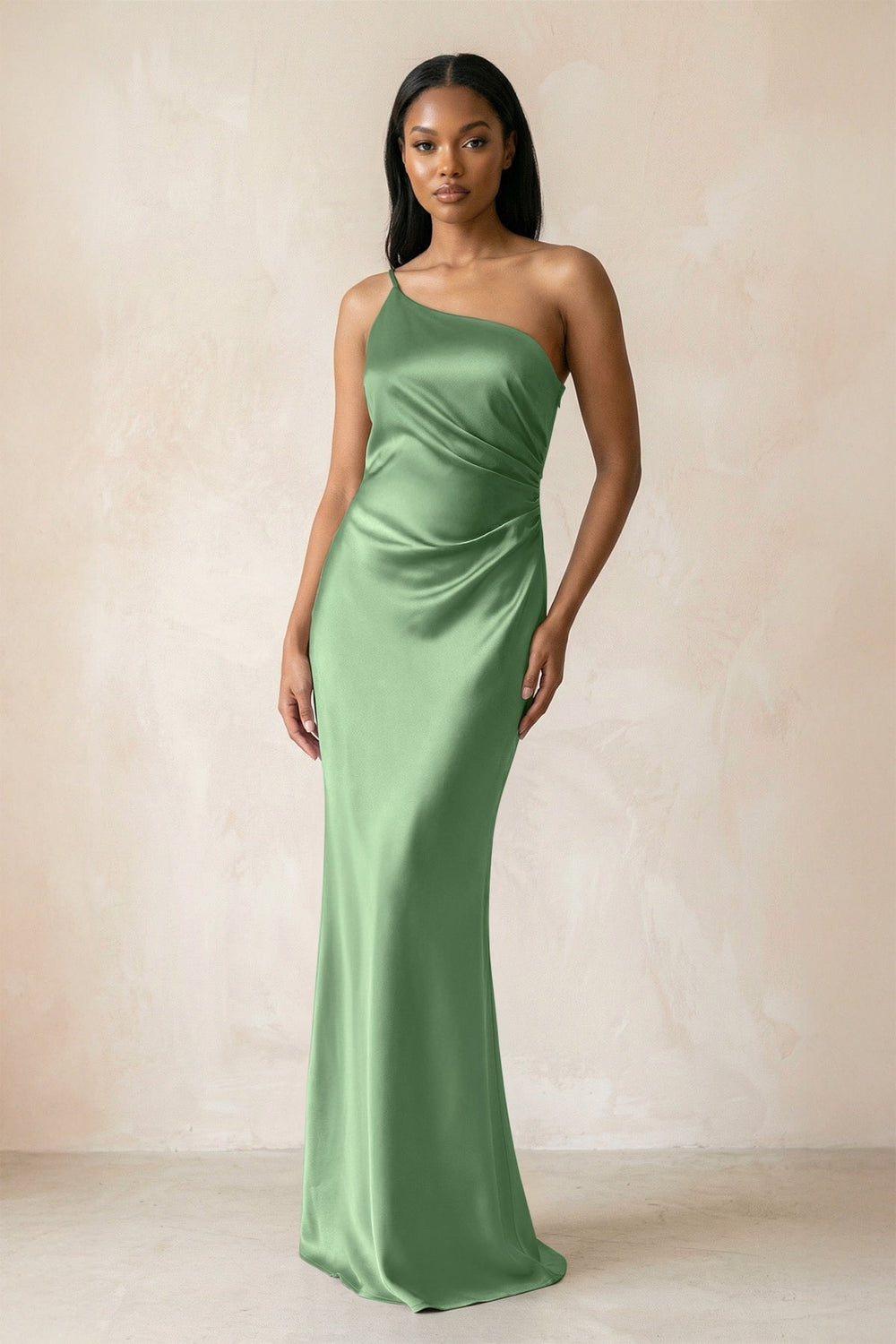 One-Shoulder Sheath Ruched Bridesmaid Dress in Matcha