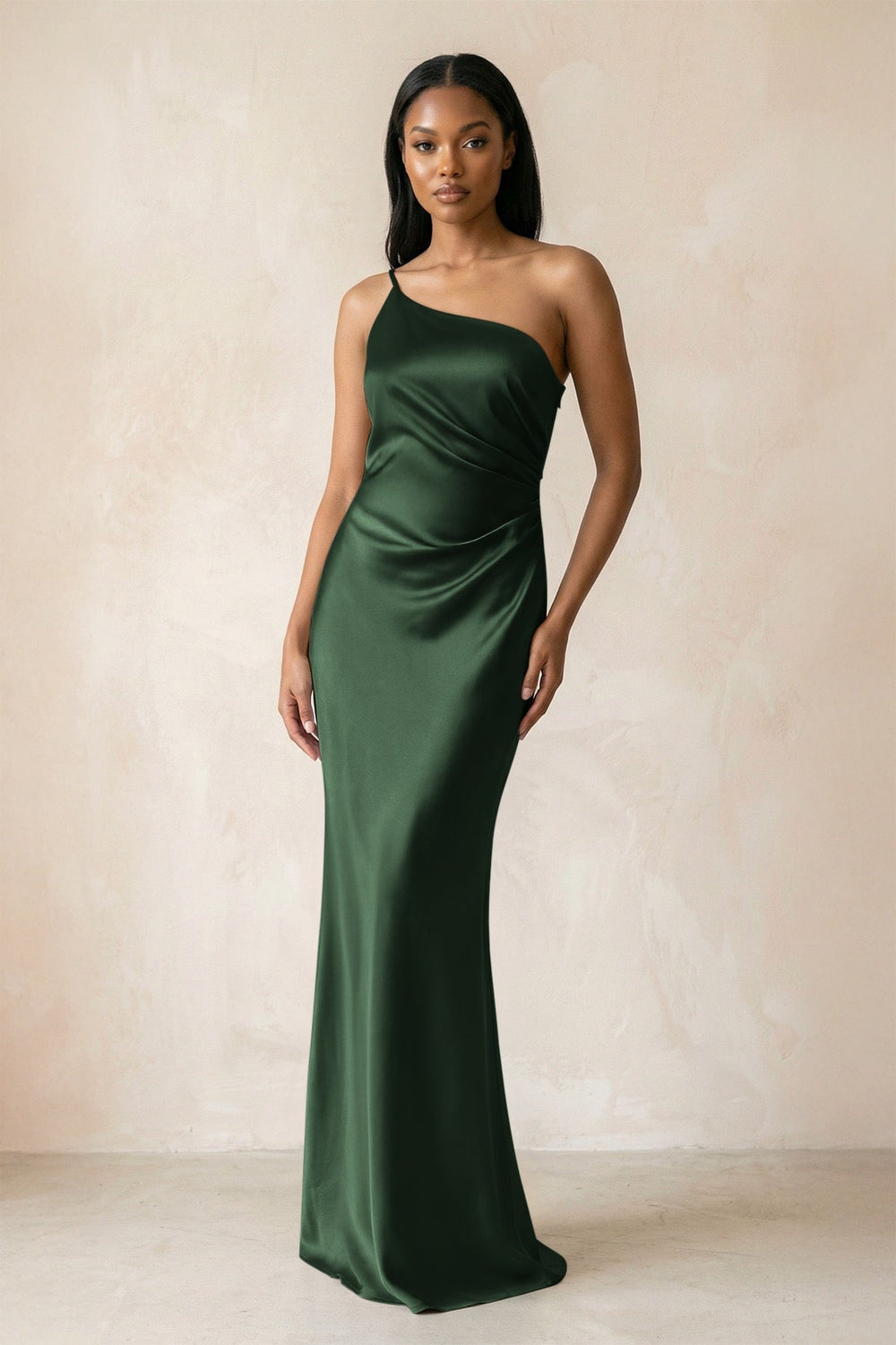 One-Shoulder Sheath Ruched Bridesmaid Dress in Moss
