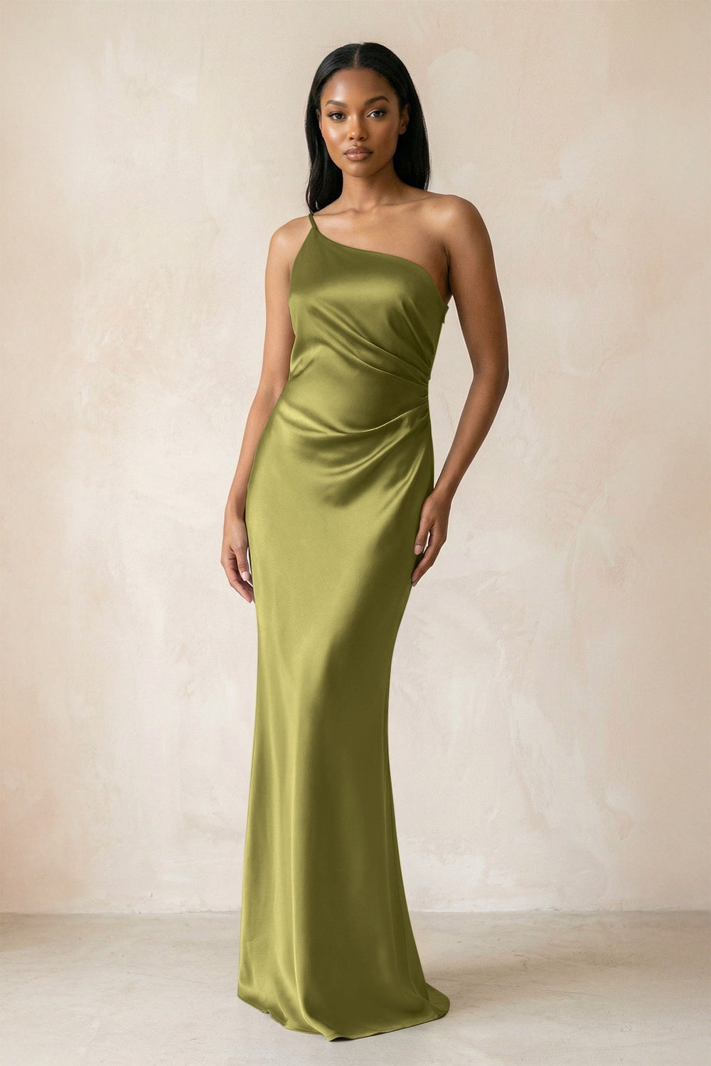 One-Shoulder Sheath Ruched Bridesmaid Dress in Moss Green
