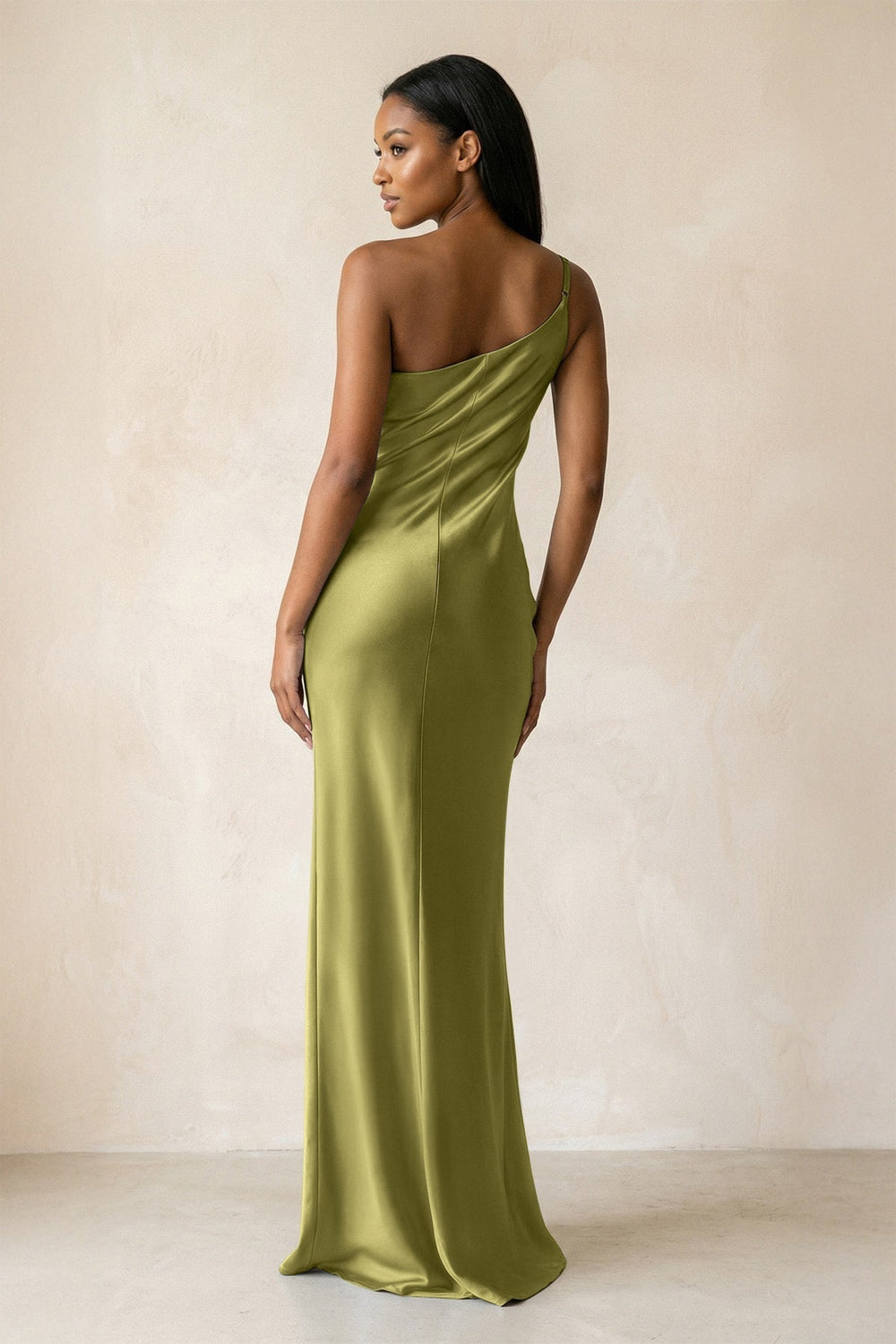 One-Shoulder Sheath Ruched Bridesmaid Dress in Moss Green