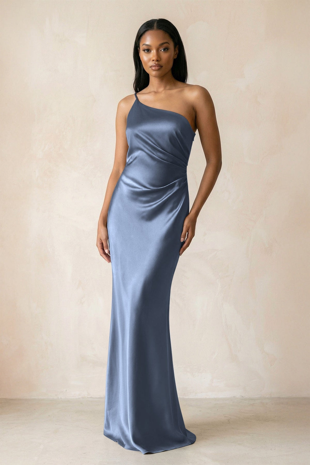 One-Shoulder Sheath Ruched Bridesmaid Dress in Neptune