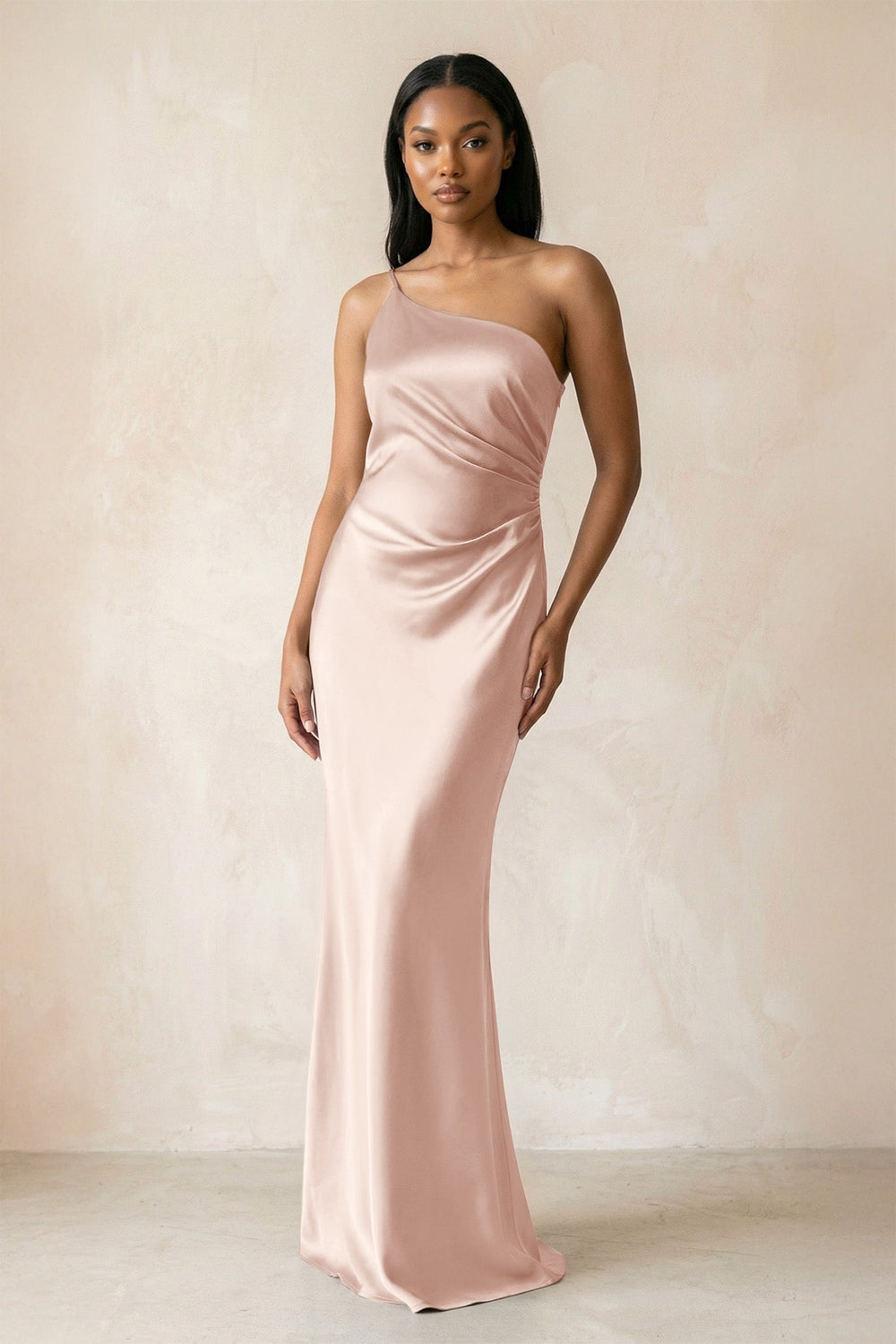 One-Shoulder Sheath Ruched Bridesmaid Dress in Pale Blush
