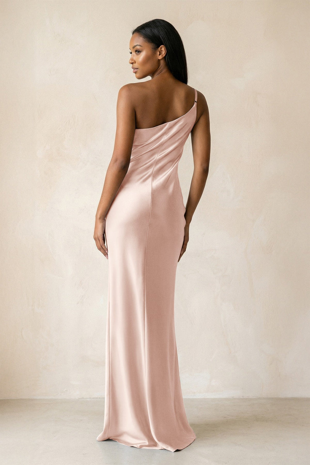 One-Shoulder Sheath Ruched Bridesmaid Dress in Pale Blush