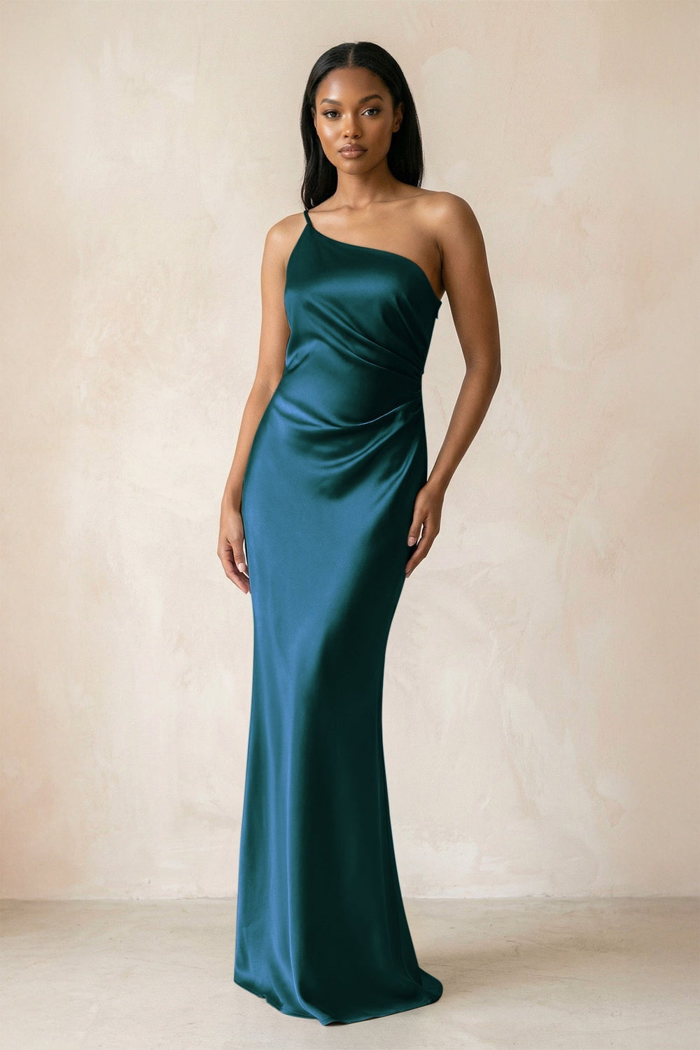 One-Shoulder Sheath Ruched Bridesmaid Dress in Pine