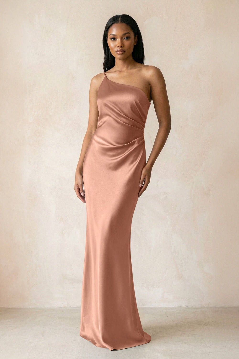 One-Shoulder Sheath Ruched Bridesmaid Dress in Rosette