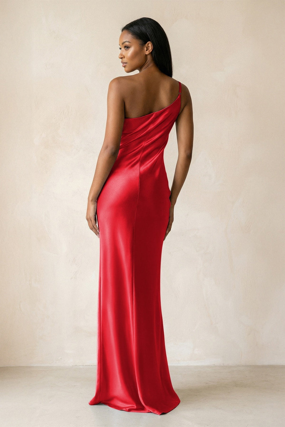 One-Shoulder Sheath Ruched Bridesmaid Dress in Ruby Red