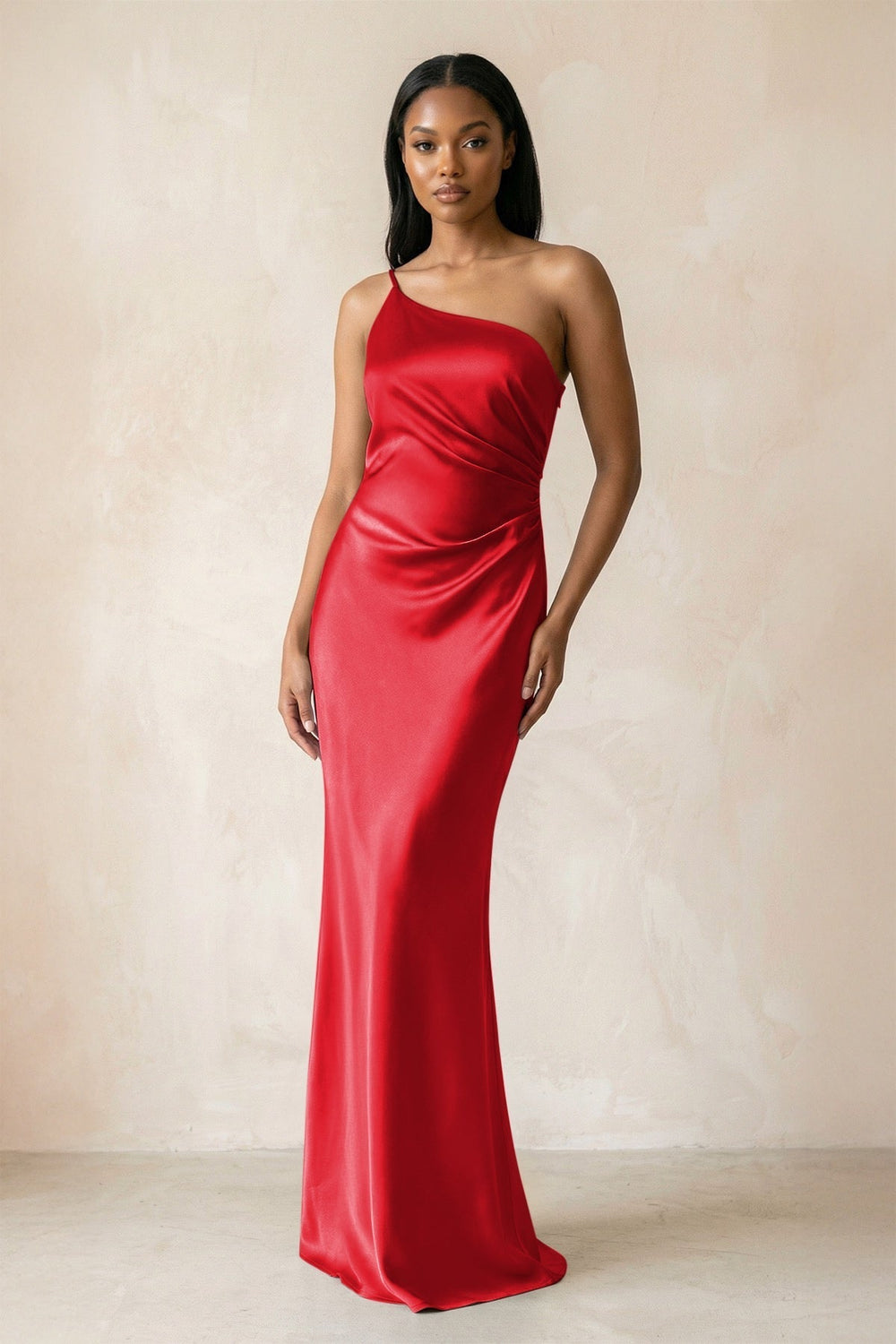 One-Shoulder Sheath Ruched Bridesmaid Dress in Ruby Red