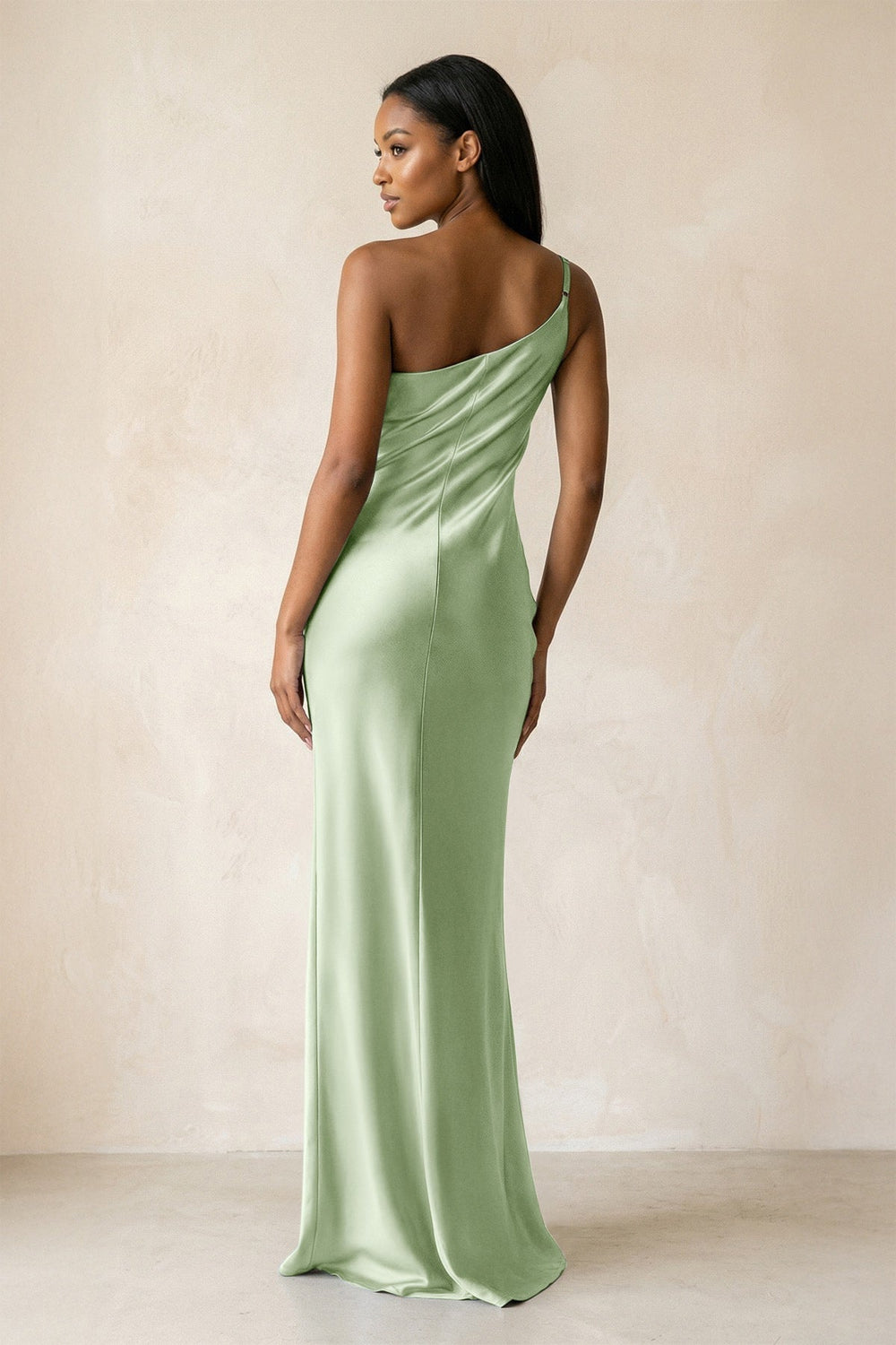 One-Shoulder Sheath Ruched Bridesmaid Dress in Sage