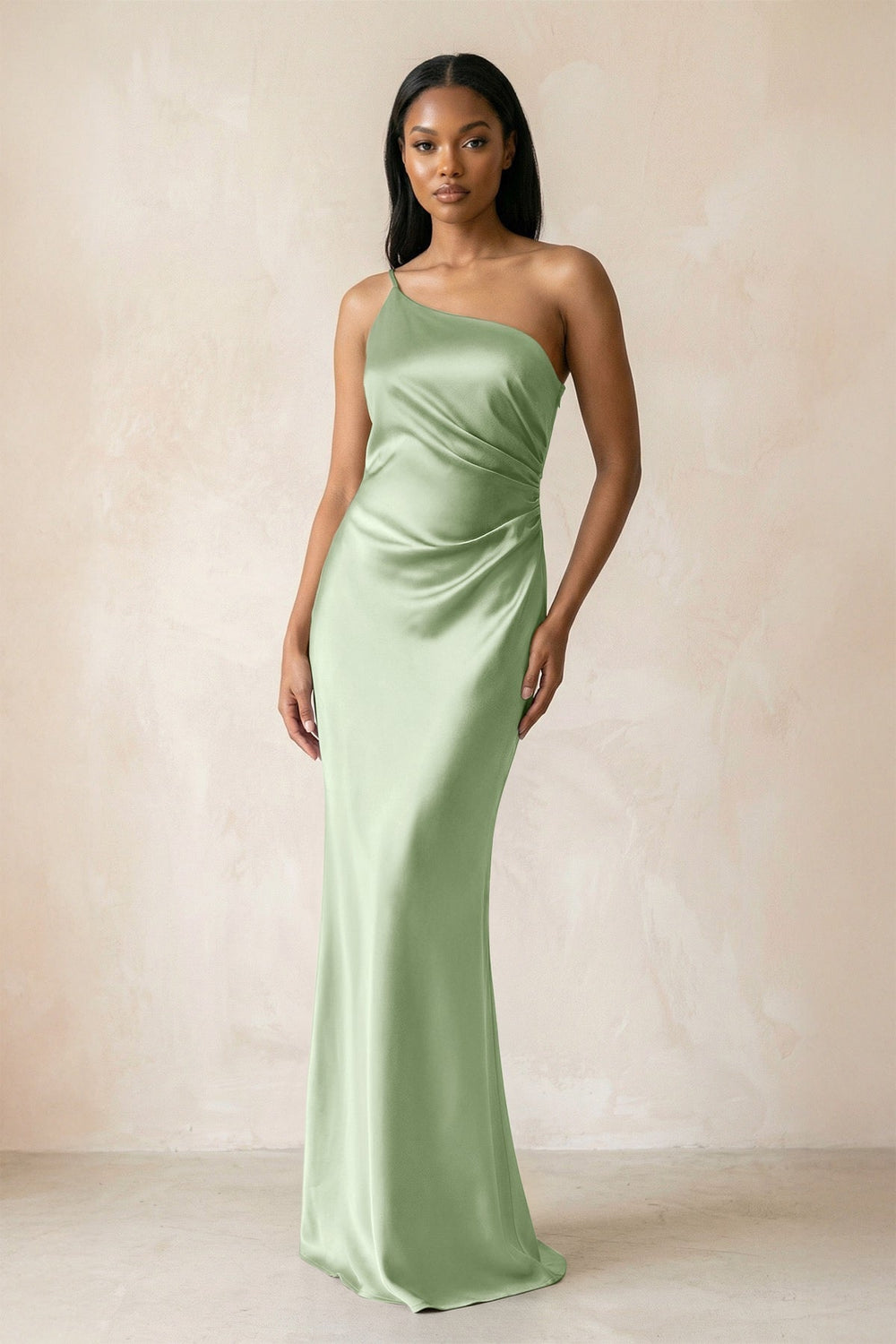 One-Shoulder Sheath Ruched Bridesmaid Dress in Sage