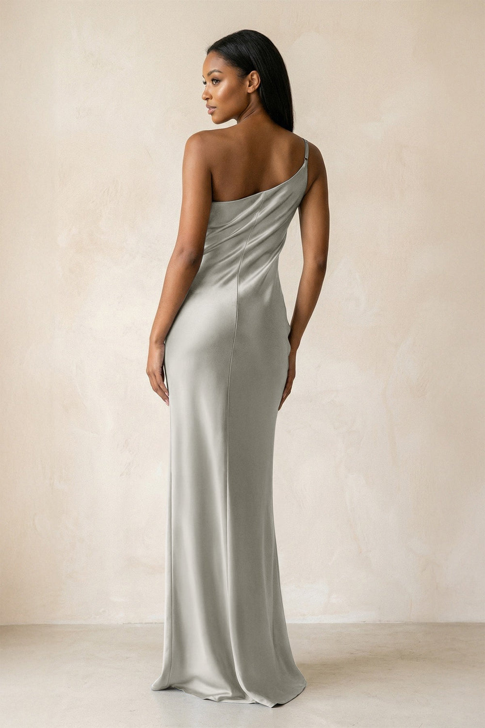 One-Shoulder Sheath Ruched Bridesmaid Dress in Silver