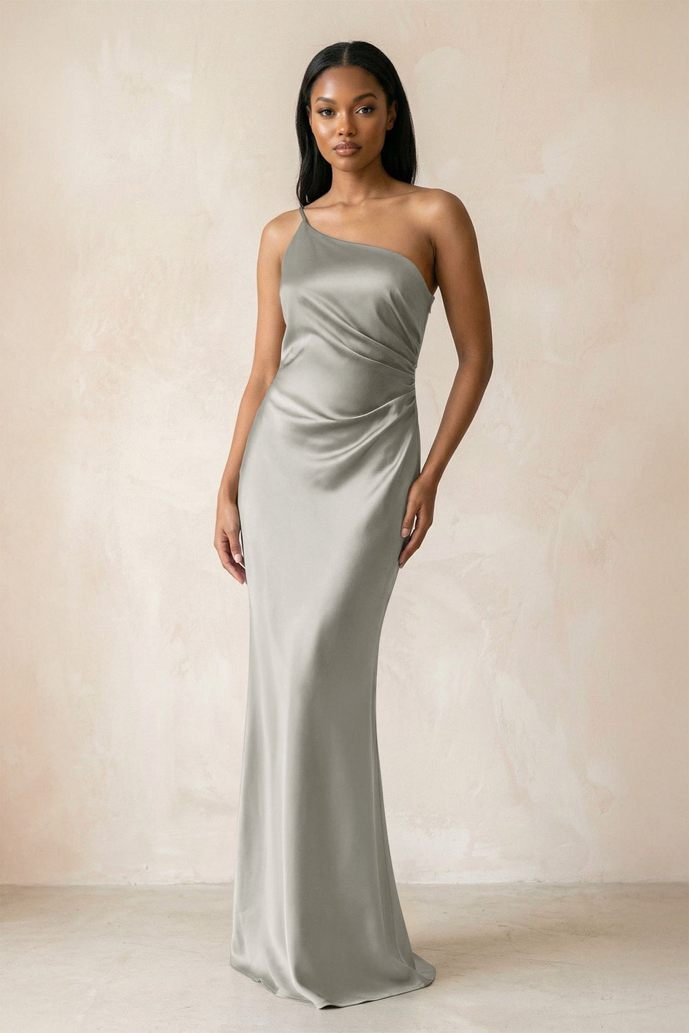 One-Shoulder Sheath Ruched Bridesmaid Dress in Silver