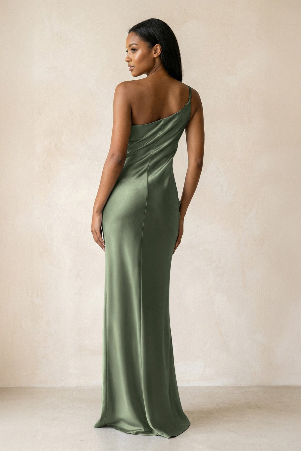 One-Shoulder Sheath Ruched Bridesmaid Dress in Thyme