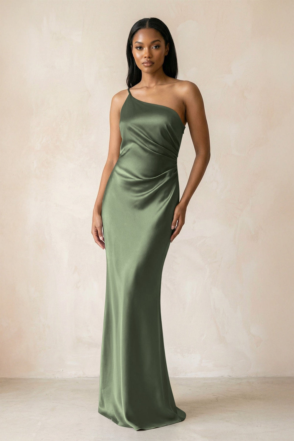 One-Shoulder Sheath Ruched Bridesmaid Dress in Thyme