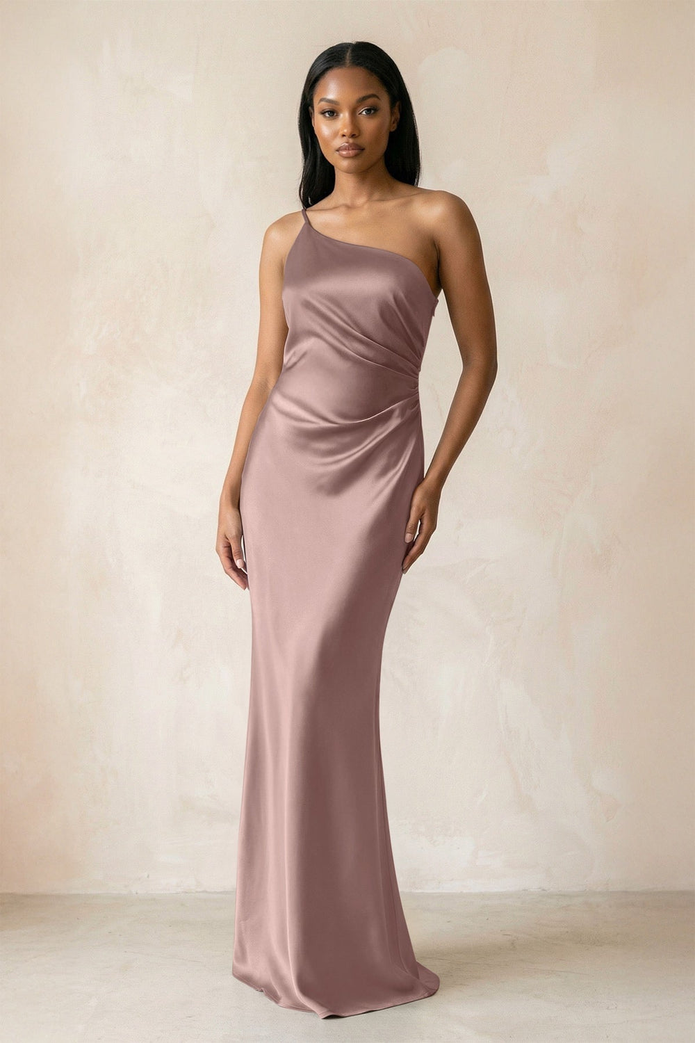 One-Shoulder Sheath Ruched Bridesmaid Dress in Toffee