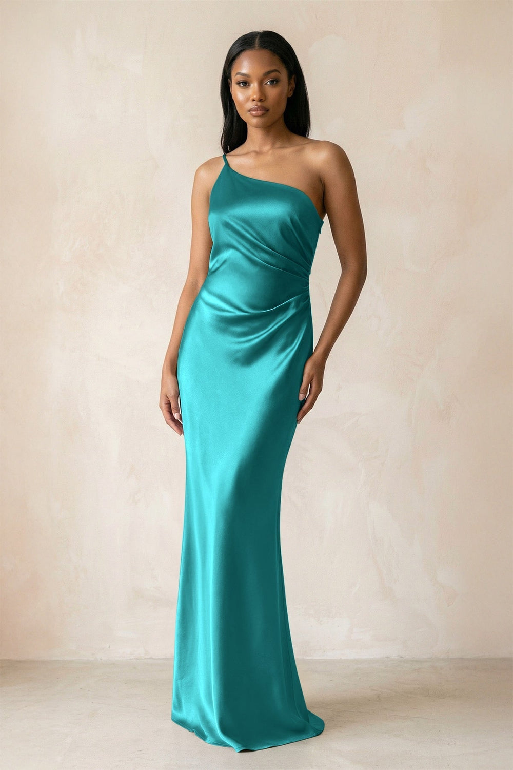 One-Shoulder Sheath Ruched Bridesmaid Dress in Turquoise