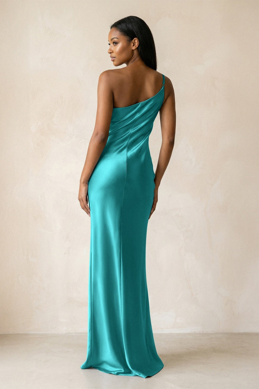 One-Shoulder Sheath Ruched Bridesmaid Dress in Turquoise