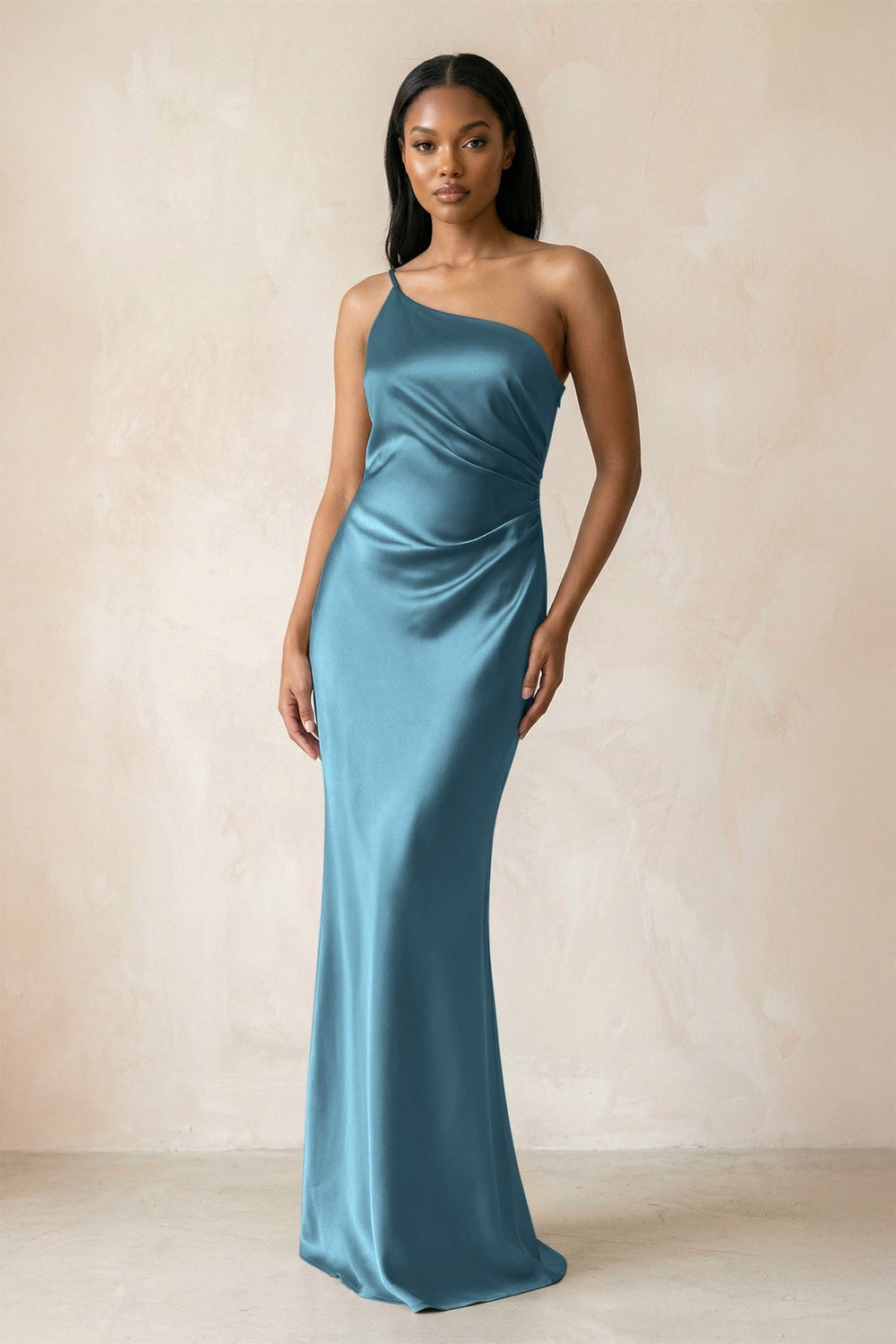 One-Shoulder Sheath Ruched Bridesmaid Dress in Twilight
