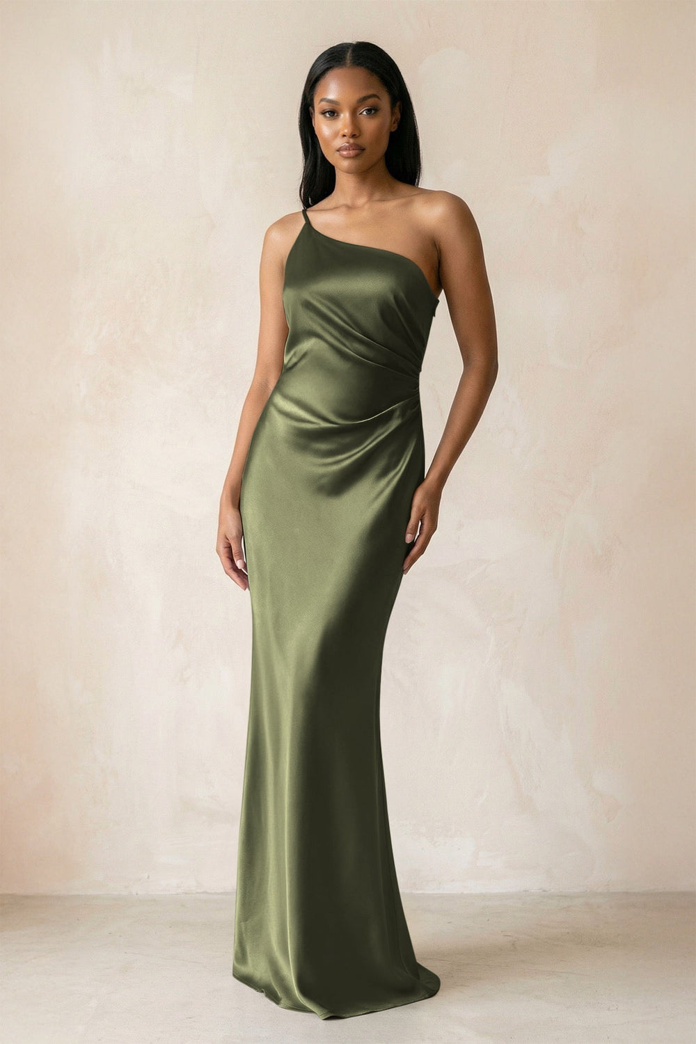 One-Shoulder Sheath Ruched Bridesmaid Dress in Willow Green