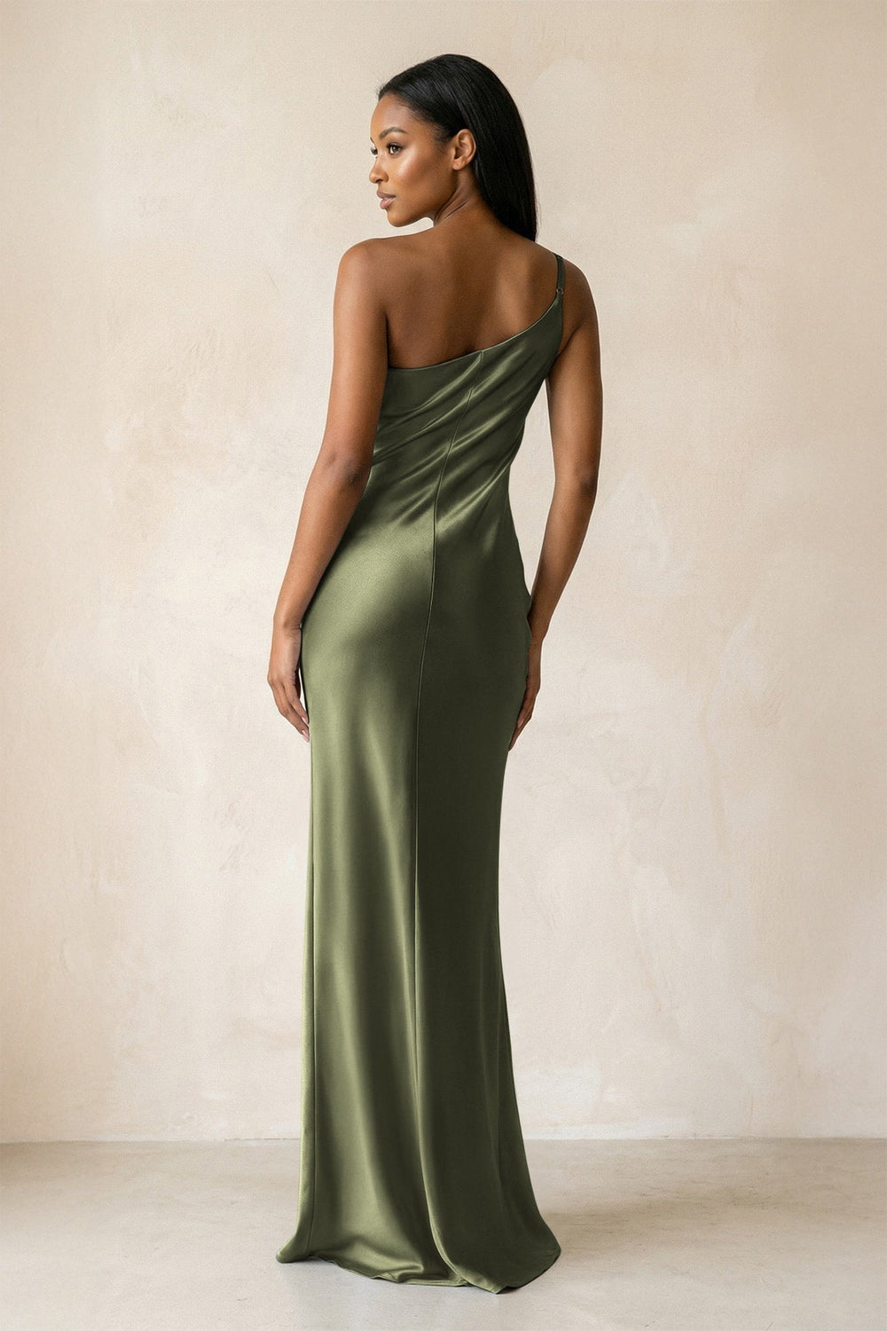 One-Shoulder Sheath Ruched Bridesmaid Dress in Willow Green