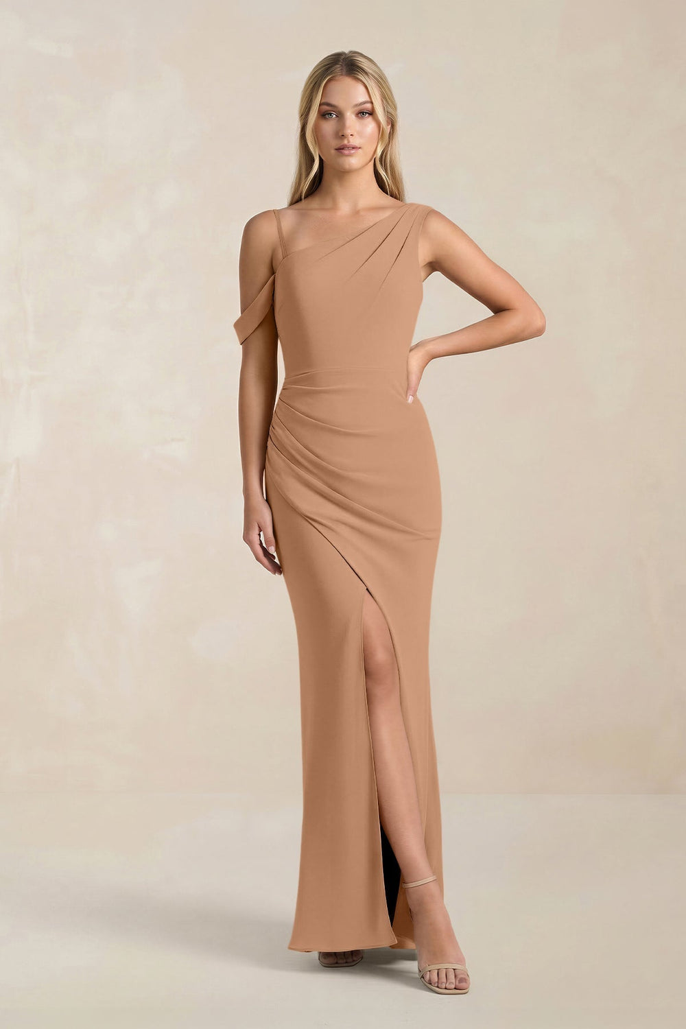 One-Shoulder Sheath Ruched Bridesmaid Dress With Slit in Bronzer