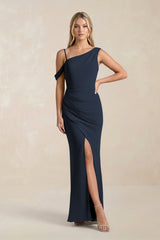 One - Shoulder Sheath Ruched Bridesmaid Dress With Slit in Dark Navy - KISS BRIDAL Bridesmaid Dresses