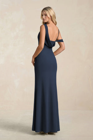 One - Shoulder Sheath Ruched Bridesmaid Dress With Slit in Dark Navy - KISS BRIDAL Bridesmaid Dresses