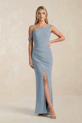 One-Shoulder Sheath Ruched Bridesmaid Dress With Slit in Dusty Blue | KISSBRIDAL