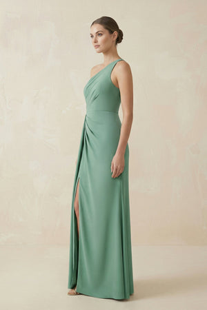 One - Shoulder Sheath Ruched Bridesmaid Dress With Slit in Mint Green - KISS BRIDAL Bridesmaid Dresses