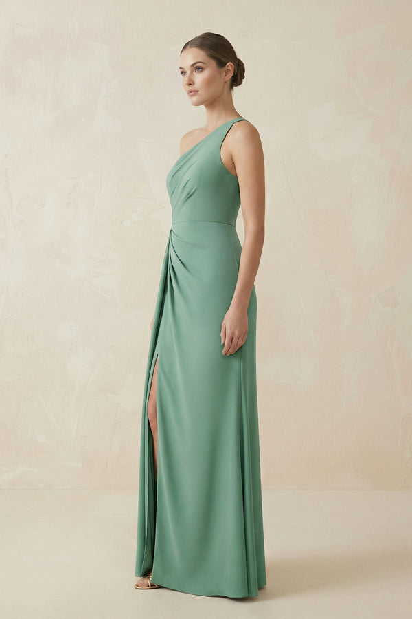 One - Shoulder Sheath Ruched Bridesmaid Dress With Slit in Mint Green - KISS BRIDAL Bridesmaid Dresses