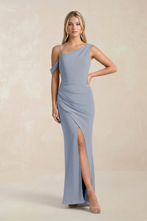 One - Shoulder Sheath Ruched Bridesmaid Dress With Slit in Twilight - KISS BRIDAL Bridesmaid Dresses