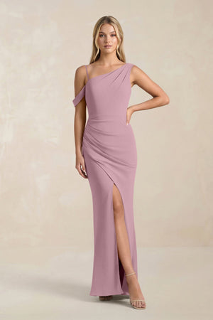 One-Shoulder Sheath Ruched Bridesmaid Dress With Slit in Vintage Mauve | KISSBRIDAL