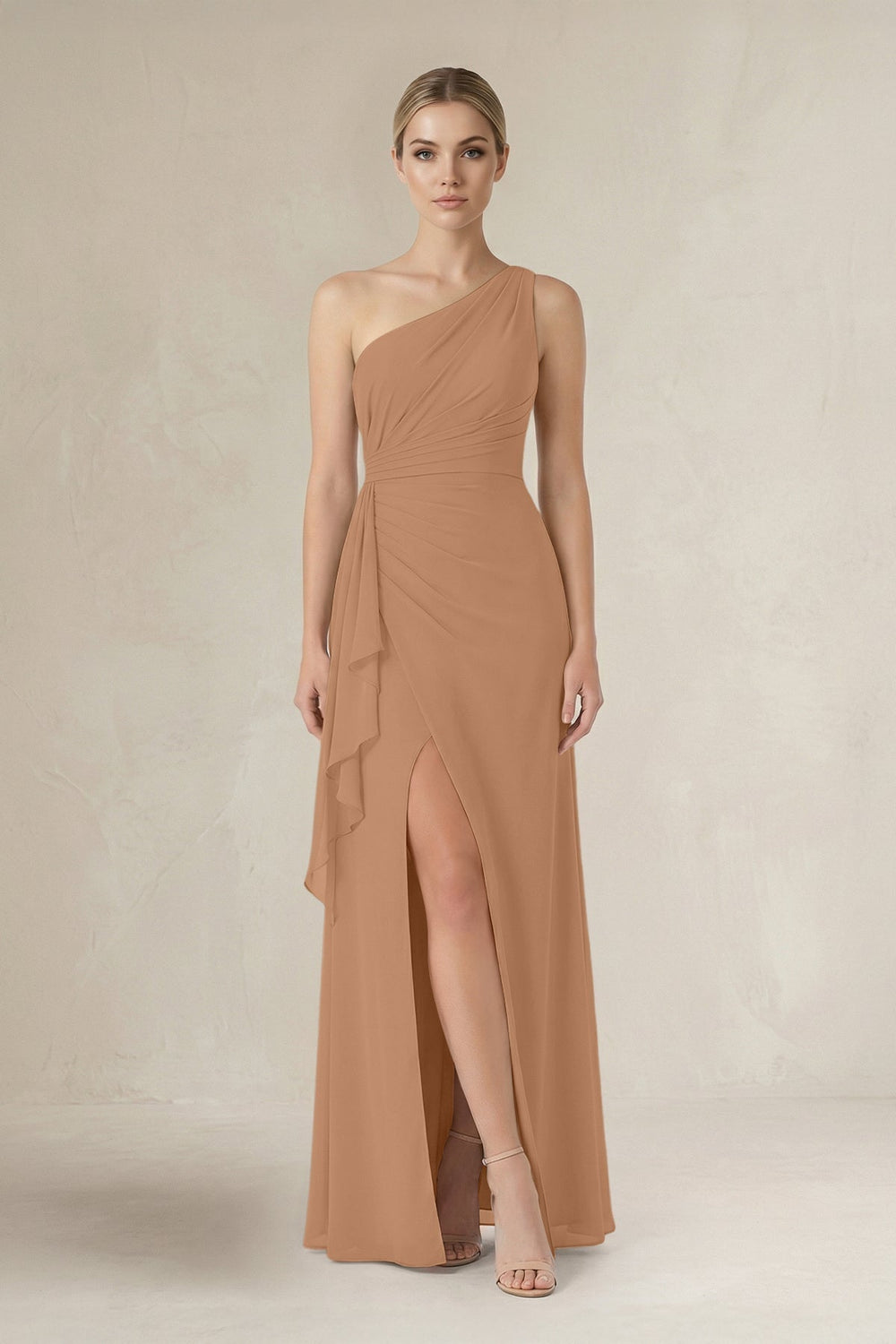 One-Shoulder Sheath Ruched Ruffled Bridesmaid Dress in Bronzer