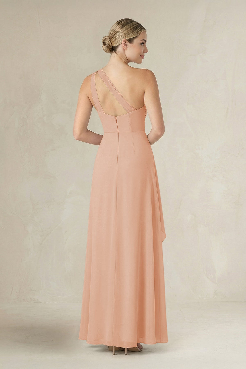 One-Shoulder Sheath Ruched Ruffled Bridesmaid Dress in Champagne Rose