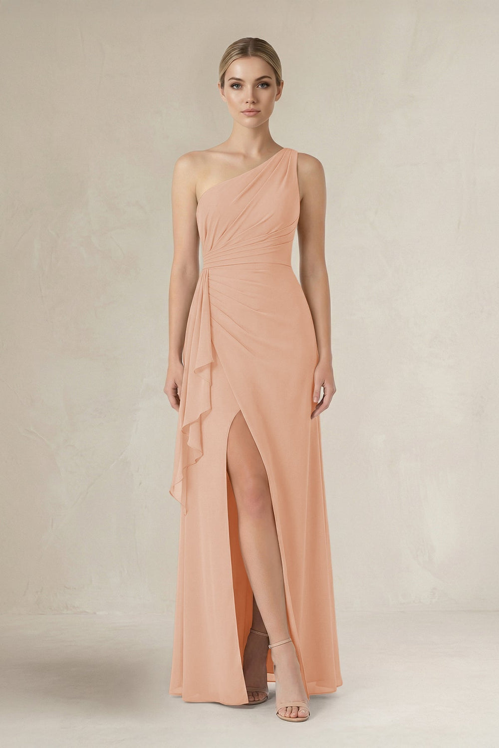 One-Shoulder Sheath Ruched Ruffled Bridesmaid Dress in Champagne Rose
