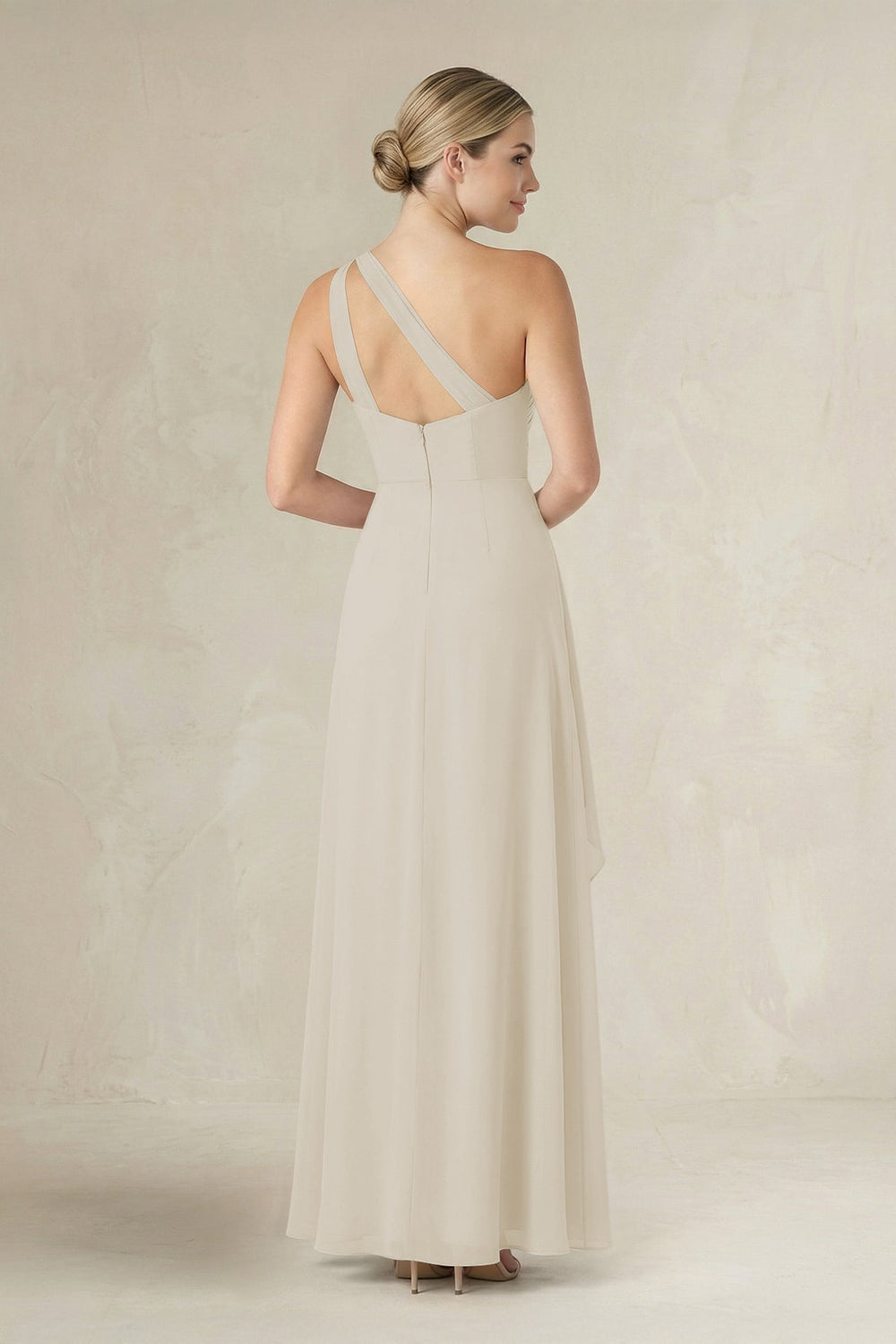 One-Shoulder Sheath Ruched Ruffled Bridesmaid Dress in Dove Gray