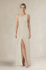 One - Shoulder Sheath Ruched Ruffled Bridesmaid Dress in Dove Gray - KISS BRIDAL Bridesmaid Dresses