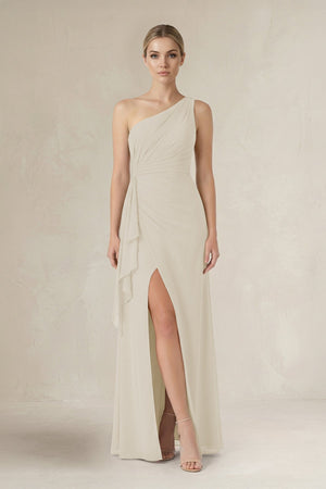 One - Shoulder Sheath Ruched Ruffled Bridesmaid Dress in Dove Gray - KISS BRIDAL Bridesmaid Dresses