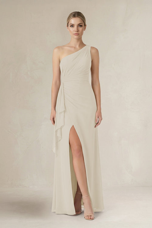 One - Shoulder Sheath Ruched Ruffled Bridesmaid Dress in Dove Gray - KISS BRIDAL Bridesmaid Dresses