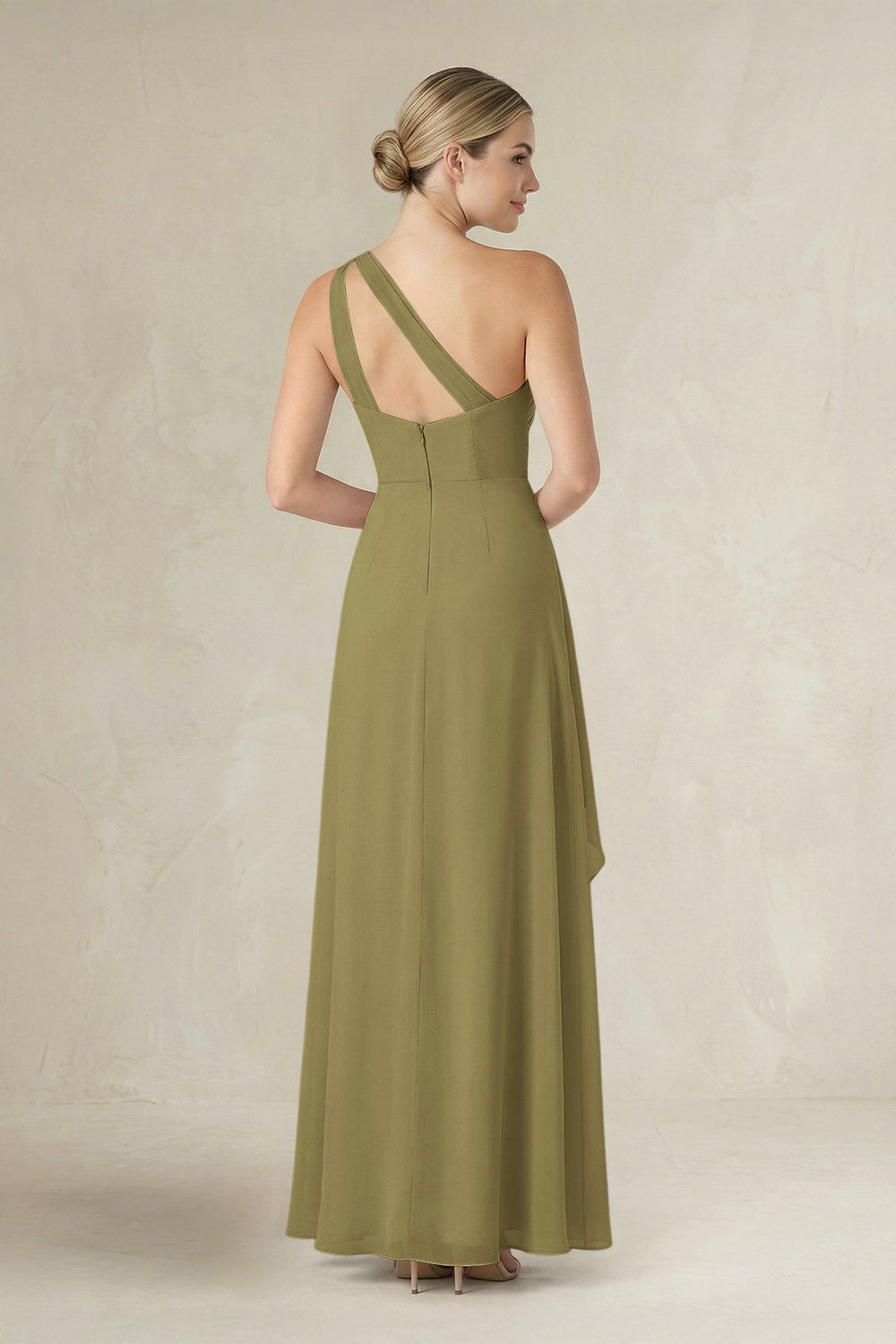 One-Shoulder Sheath Ruched Ruffled Bridesmaid Dress in Moss Green